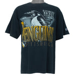 1993 vintage NHL Pittsburgh Penguins T-Shirt by Logo Athletic. Black in color with big spell-out and big chrome-style logo graphic on front, Large in size and is in excellent condition.