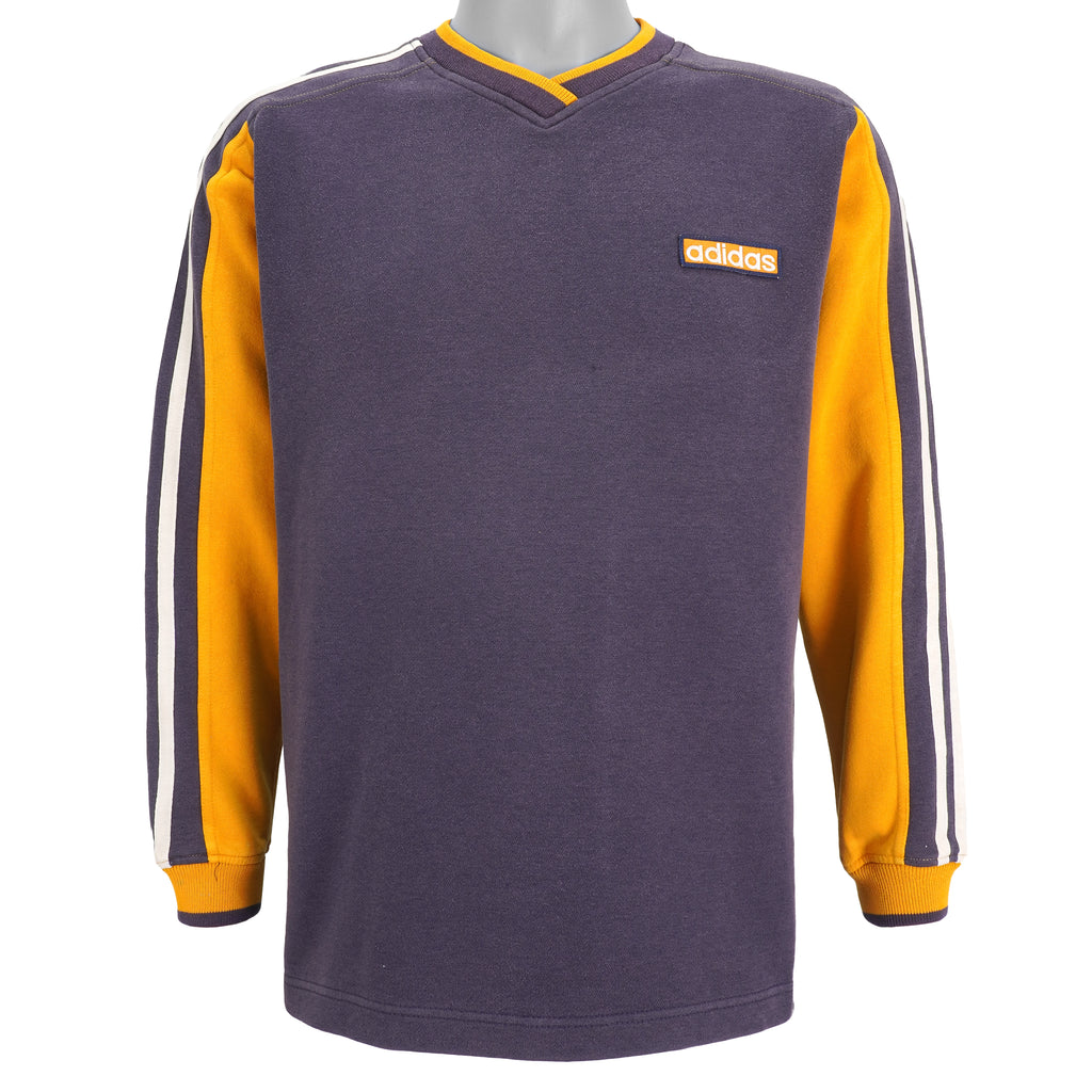 Adidas - Grey with Yellow V-Neck Sweatshirt 1990s Medium Vintage Retro